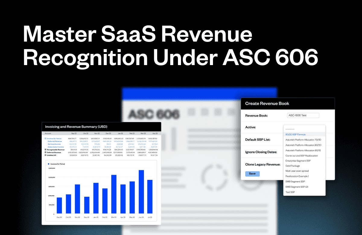 Technical architecture diagram illustrating ASC 606 standalone selling price (SSP) allocations in billing systems, relative allocation formulas, and revenue recognition waterfall schedules.